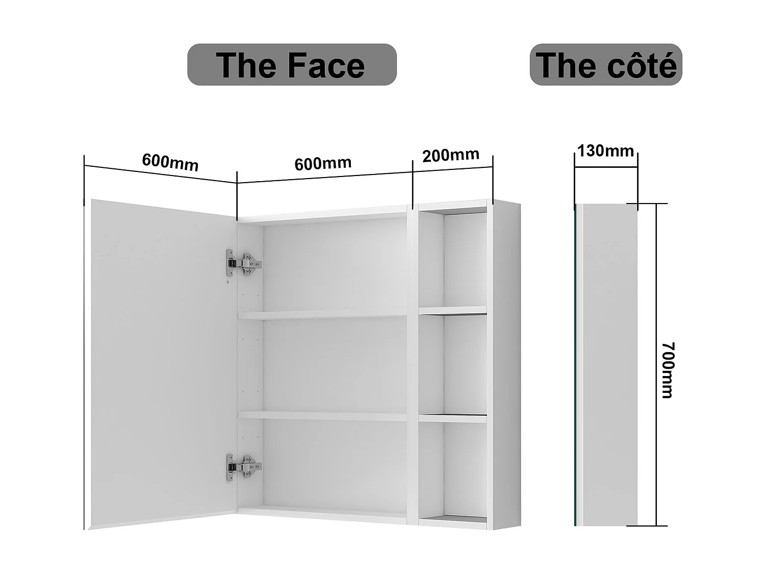AICA Armoire murale salle de bain, 3 Niveaux placard rangement + 3 étagères latérales ouvertes(70x60x13 cm + 70x20x13 cm), Armoire de toilette sans LED, Blanc