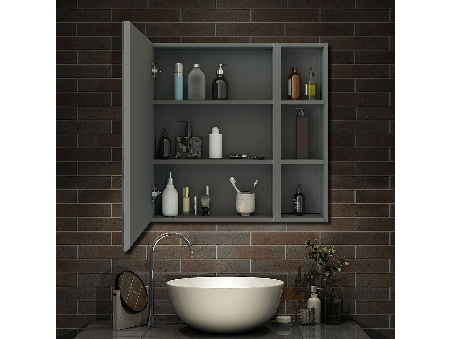 AICA Armoire murale salle de bain, 3 Niveaux placard rangement + 3 étagères latérales ouvertes(70x50x13 cm + 70x20x13 cm), Armoire de toilette sans LED, Anthracite