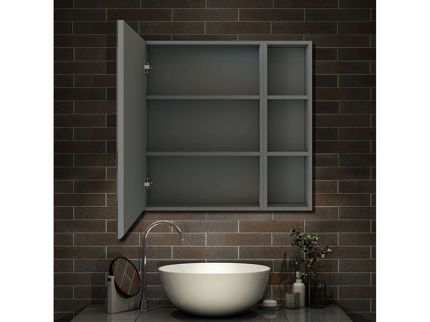 AICA Armoire murale salle de bain, 3 Niveaux placard rangement + 3 étagères latérales ouvertes(70x50x13 cm + 70x20x13 cm), Armoire de toilette sans LED, Anthracite