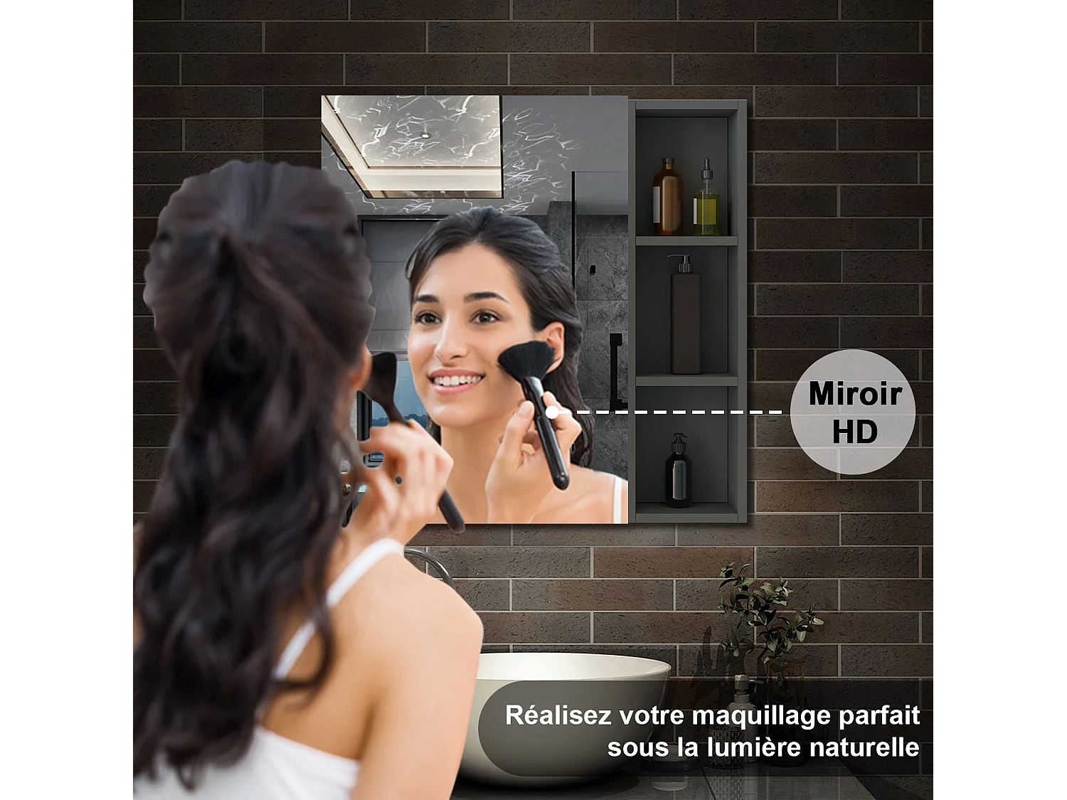 AICA Armoire murale salle de bain, 3 Niveaux placard rangement + 3 étagères latérales ouvertes(70x50x13 cm + 70x20x13 cm), Armoire de toilette sans LED, Anthracite