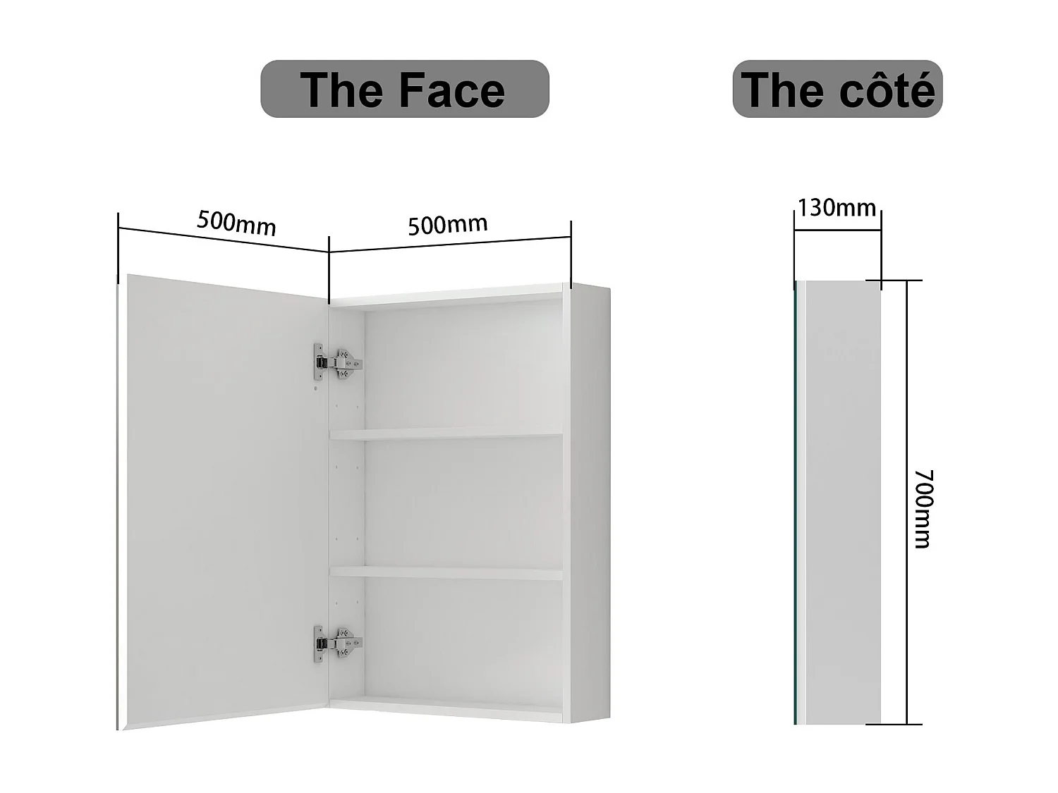 AICA Armoire murale de salle de bain, 70x50x13 cm, 3 Niveaux placard de rangement ( 2 Étagères ), Armoire de toilette, MDF sans LED, Blanc