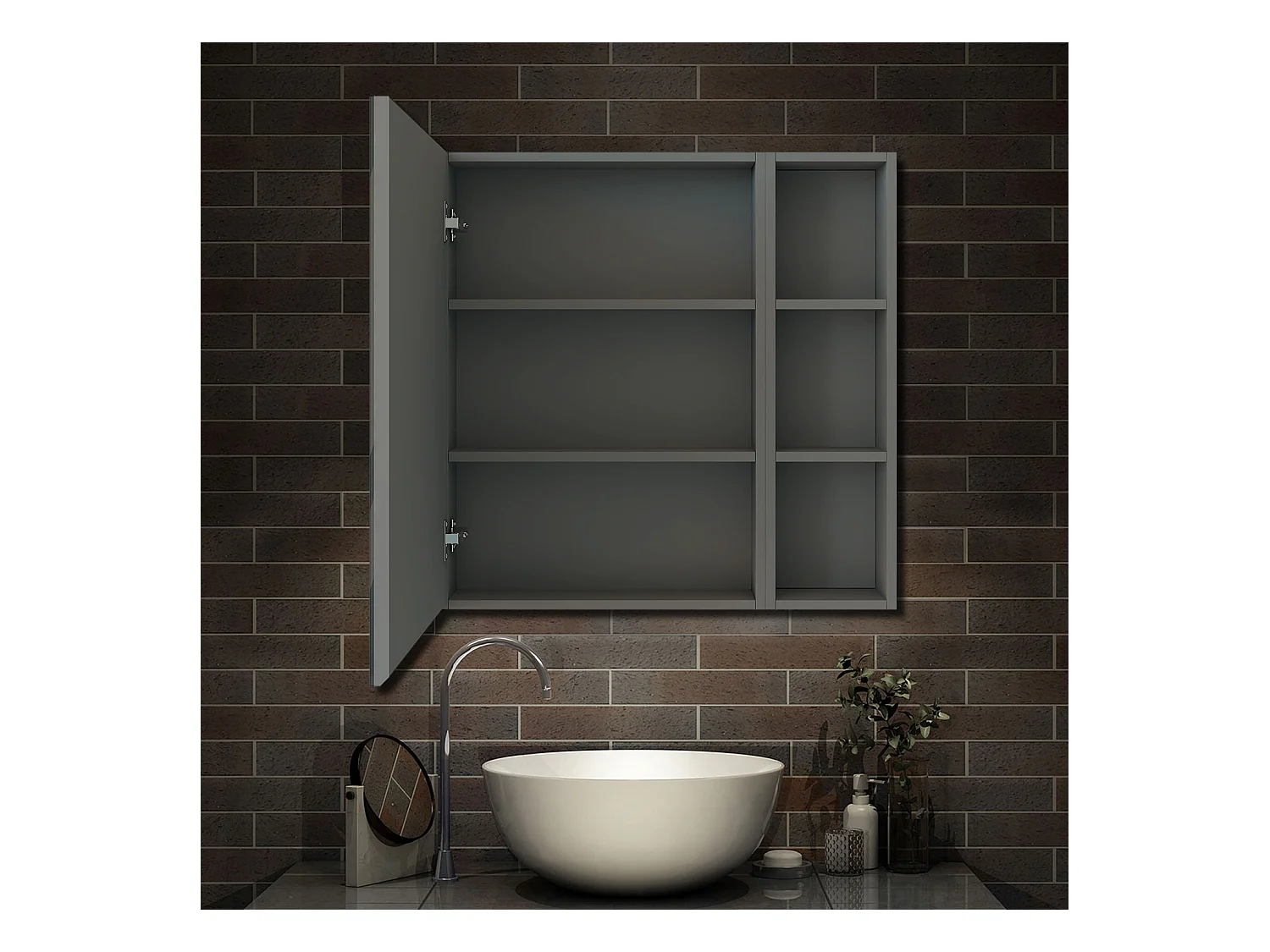 AICA Armoire murale salle de bain, 3 Niveaux placard rangement + 3 étagères latérales ouvertes(70x60x13 cm + 70x20x13 cm), Armoire de toilette sans LED, Anthracite