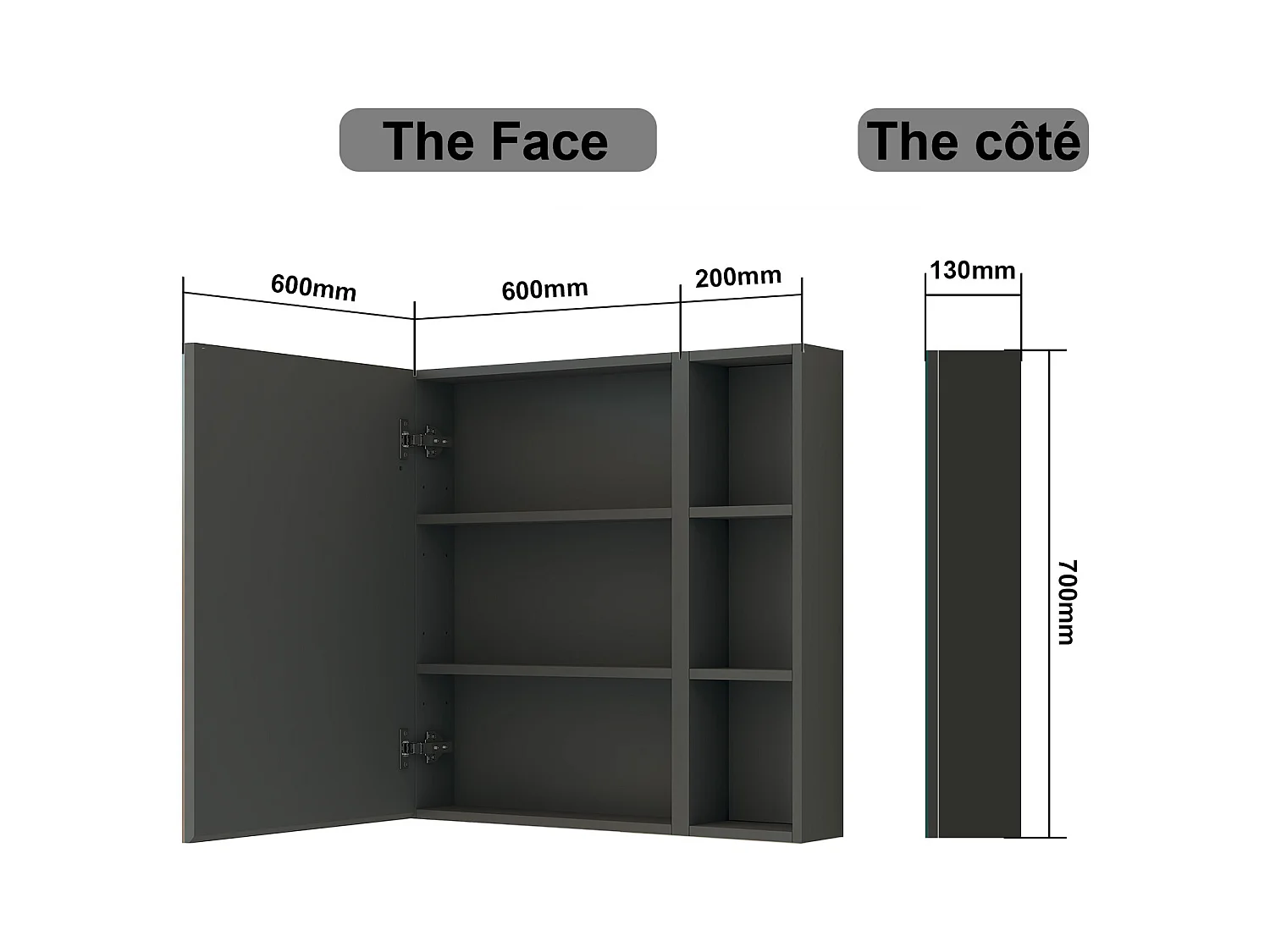 AICA Armoire murale salle de bain, 3 Niveaux placard rangement + 3 étagères latérales ouvertes(70x60x13 cm + 70x20x13 cm), Armoire de toilette sans LED, Anthracite