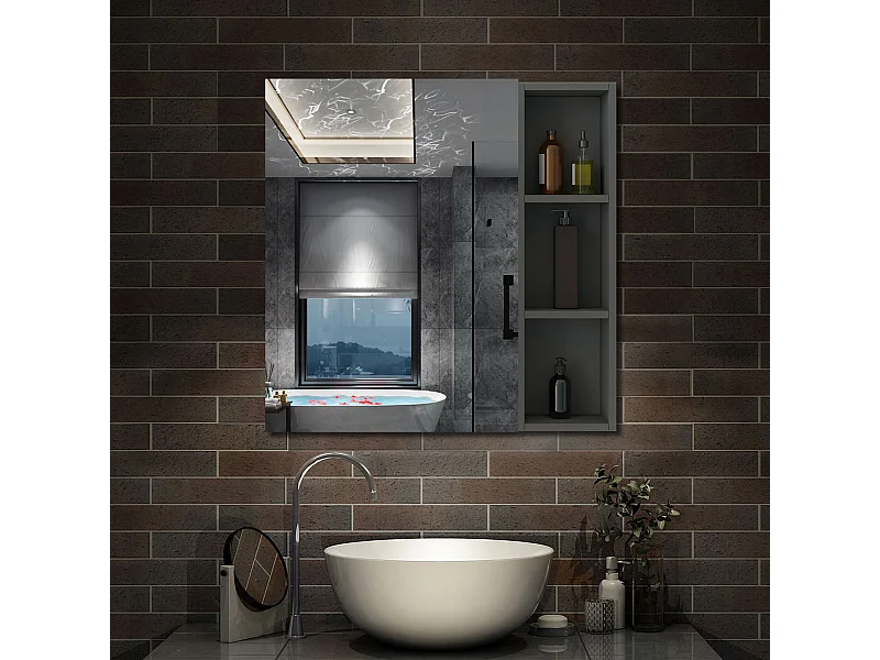 AICA Armoire murale salle de bain, 3 Niveaux placard rangement + 3 étagères latérales ouvertes(70x60x13 cm + 70x20x13 cm), Armoire de toilette sans LED, Anthracite