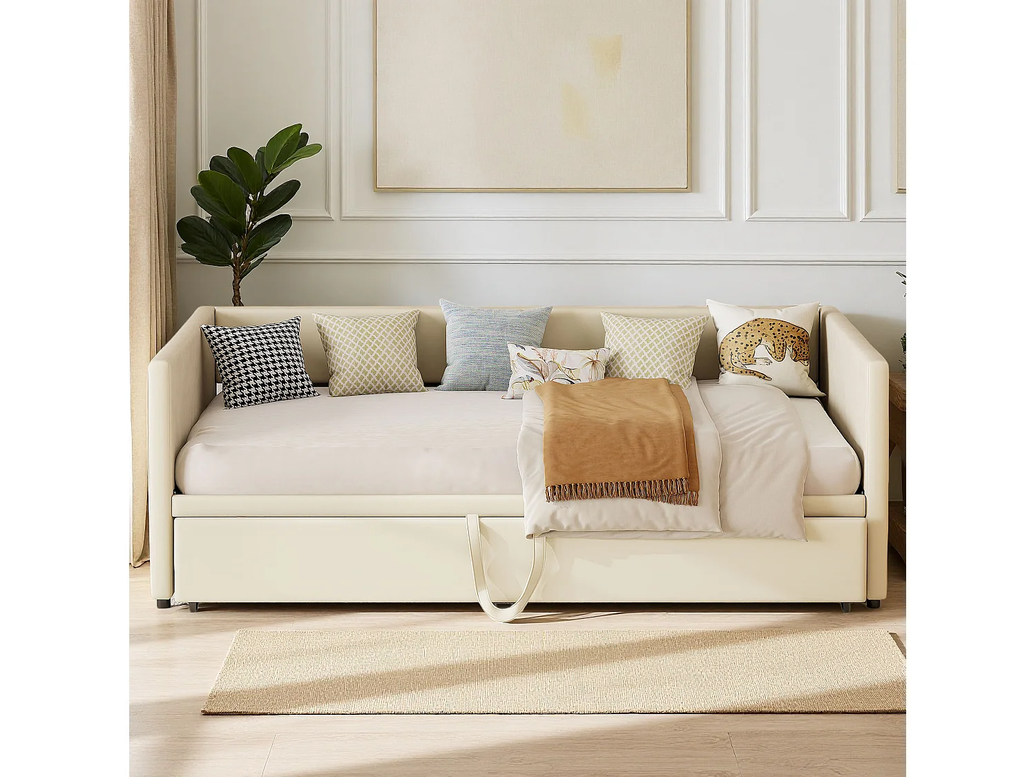 Lit 90x200 cm - Canapé lit 90x200 cm - lit double 90 x 200 cm - lit gigogne 90x200 cm tissu en velous - beige