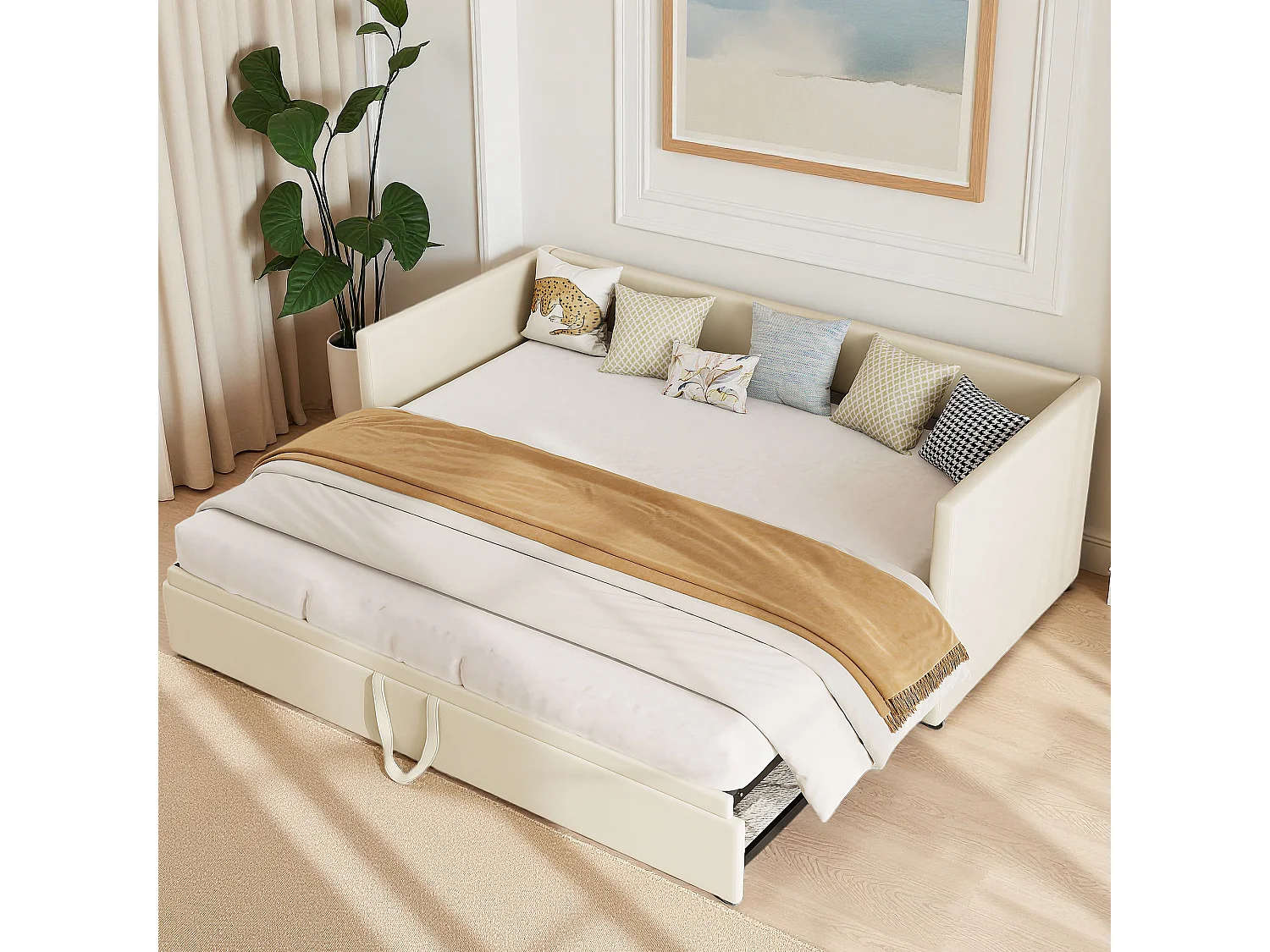 Lit 90x200 cm - Canapé lit 90x200 cm - lit double 90 x 200 cm - lit gigogne 90x200 cm tissu en velous - beige