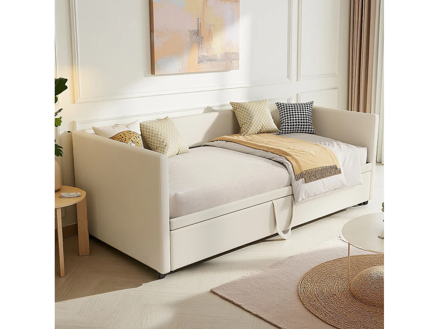 Lit 90x200 cm - Canapé lit 90x200 cm - lit double 90 x 200 cm - lit gigogne 90x200 cm tissu en velous - beige