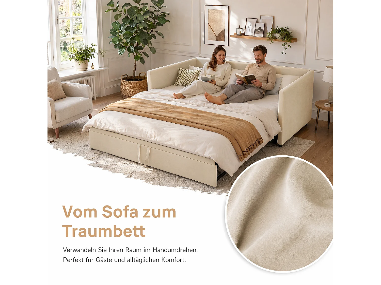 Lit gigogne 90 x 200 cm - Canapé lit avec lit tiroir coulissant - tissu velours beige