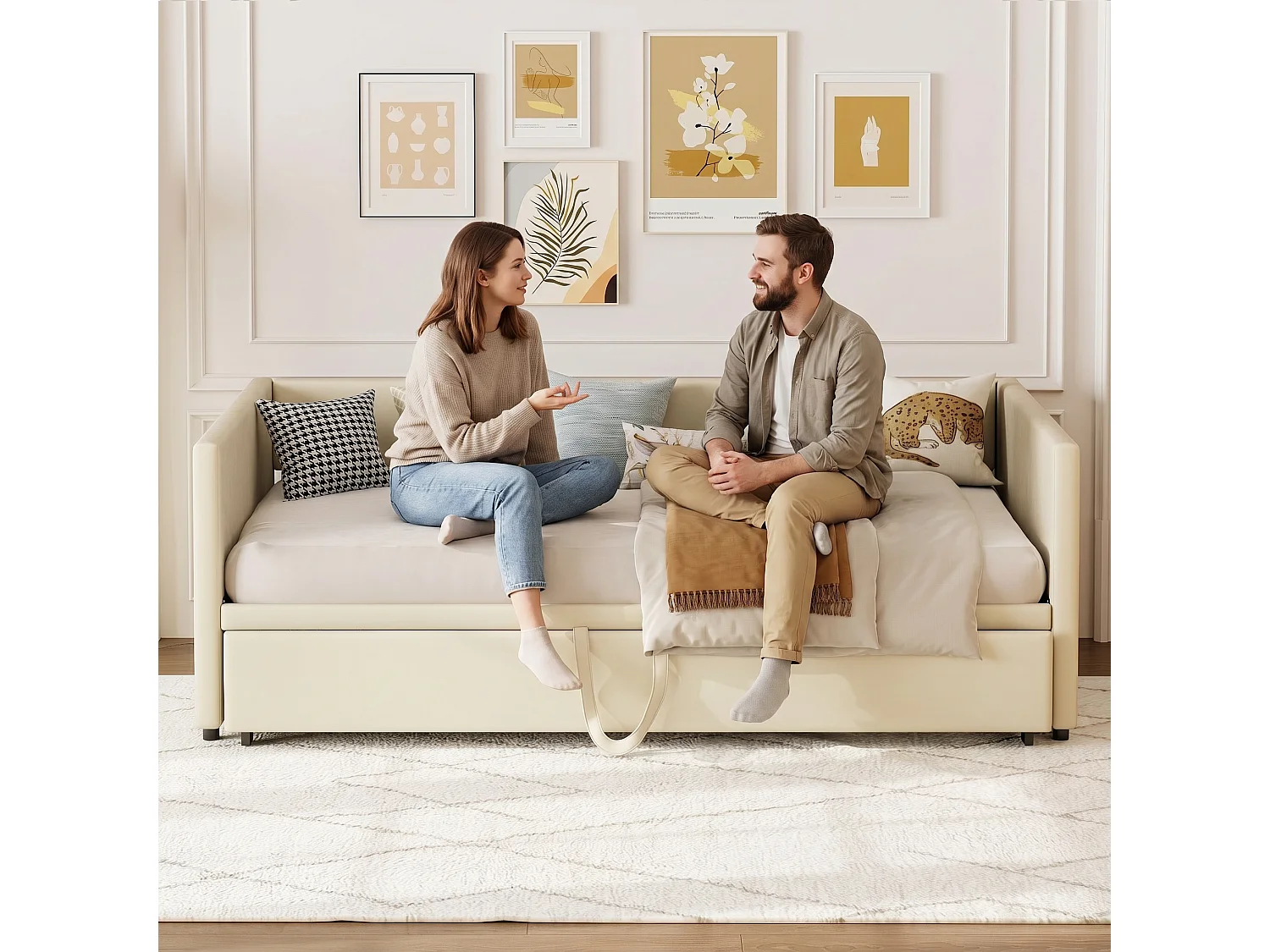 Lit gigogne 90 x 200 cm - Canapé lit avec lit tiroir coulissant - tissu velours beige