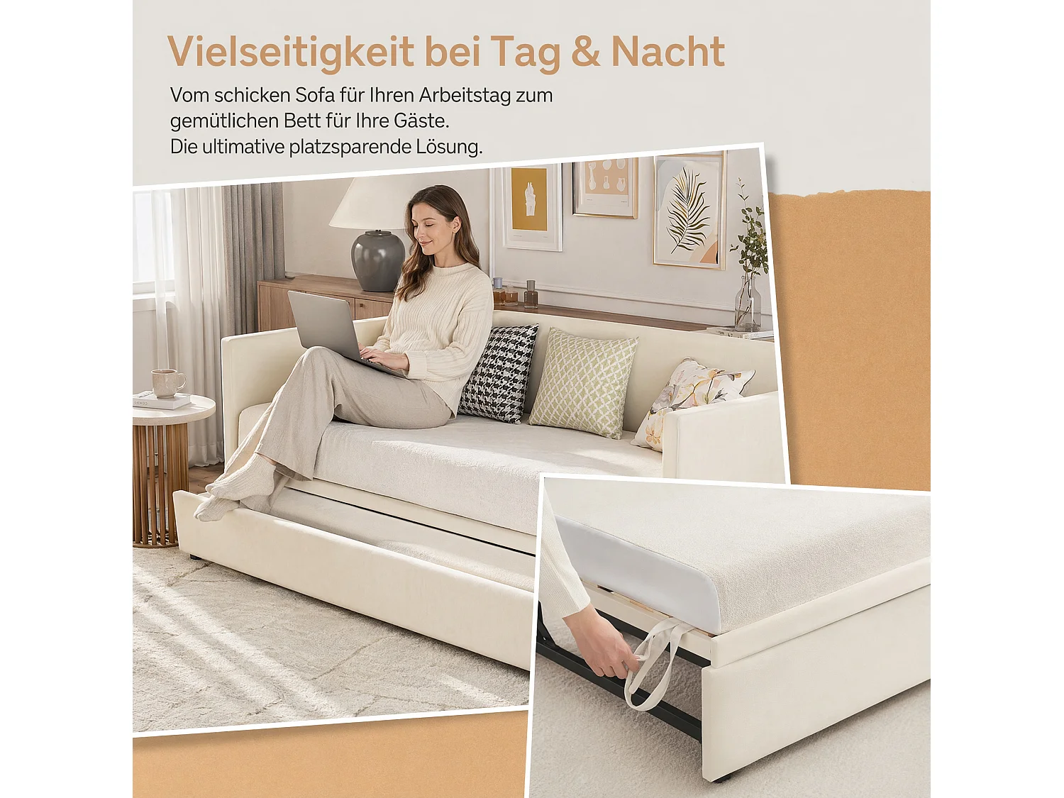 Lit gigogne 90 x 200 cm - Canapé lit avec lit tiroir coulissant - tissu velours beige