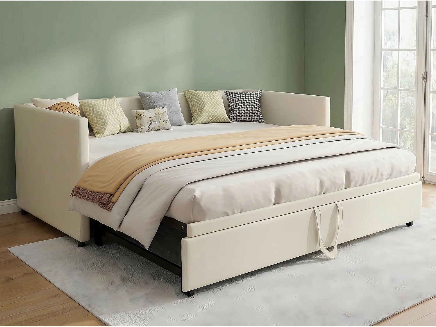 Lit banquette convertible 90/180 x 200 cm en velours beige, lit gigogne 2 places avec sommier à lattes