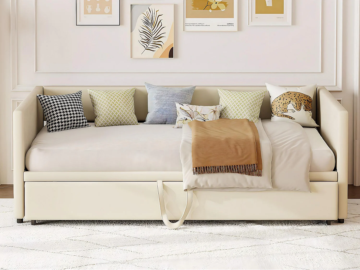 Lit banquette convertible 90/180 x 200 cm en velours beige, lit gigogne 2 places avec sommier à lattes