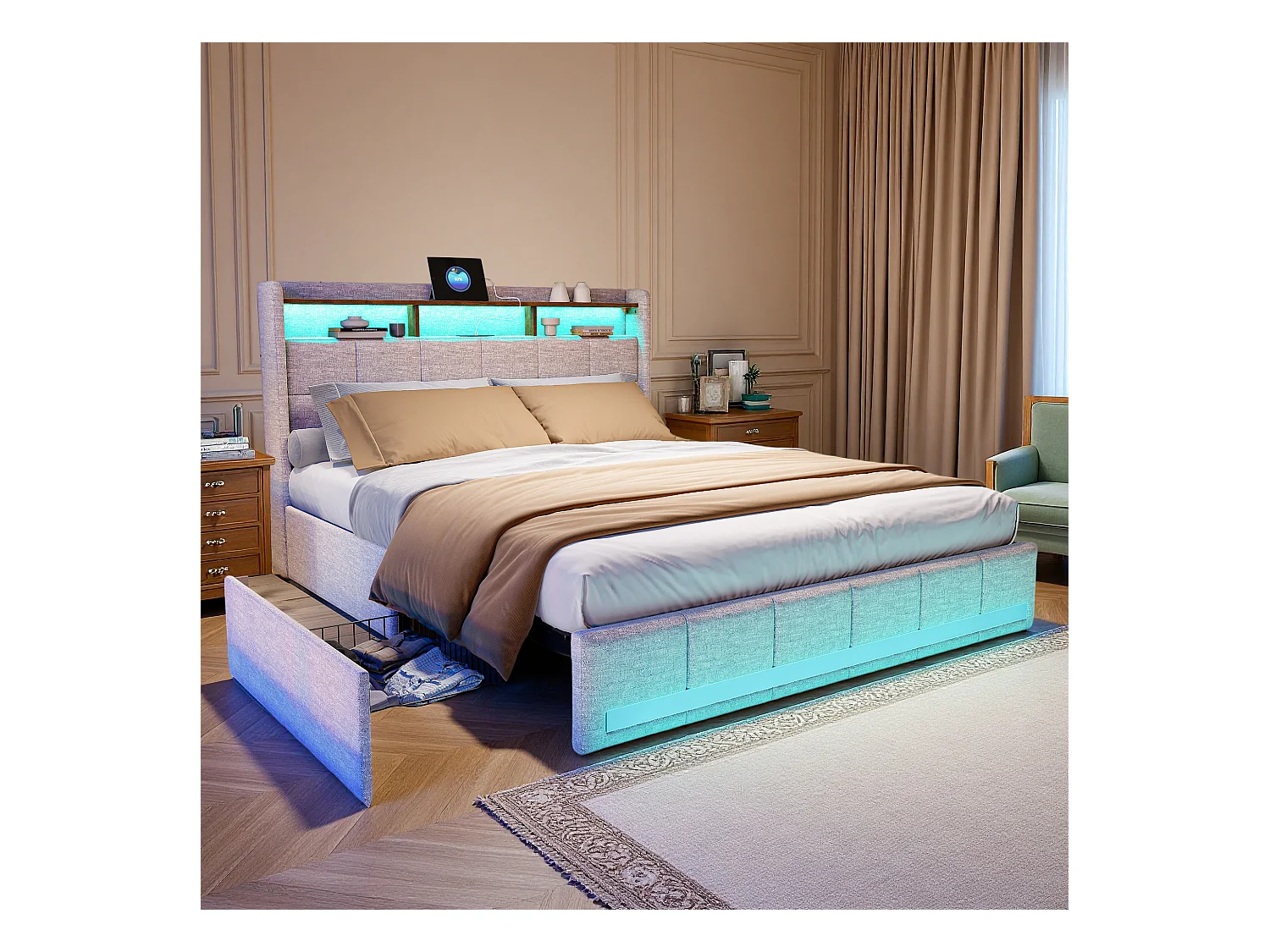 Lit capitonné 140x190 cm - NEXU - lit 140x190 cm avec sommier à lattes - cadre de lit adulte 140x190 cm - 4 tiroir - LED ET USB - tissu en lin - beige