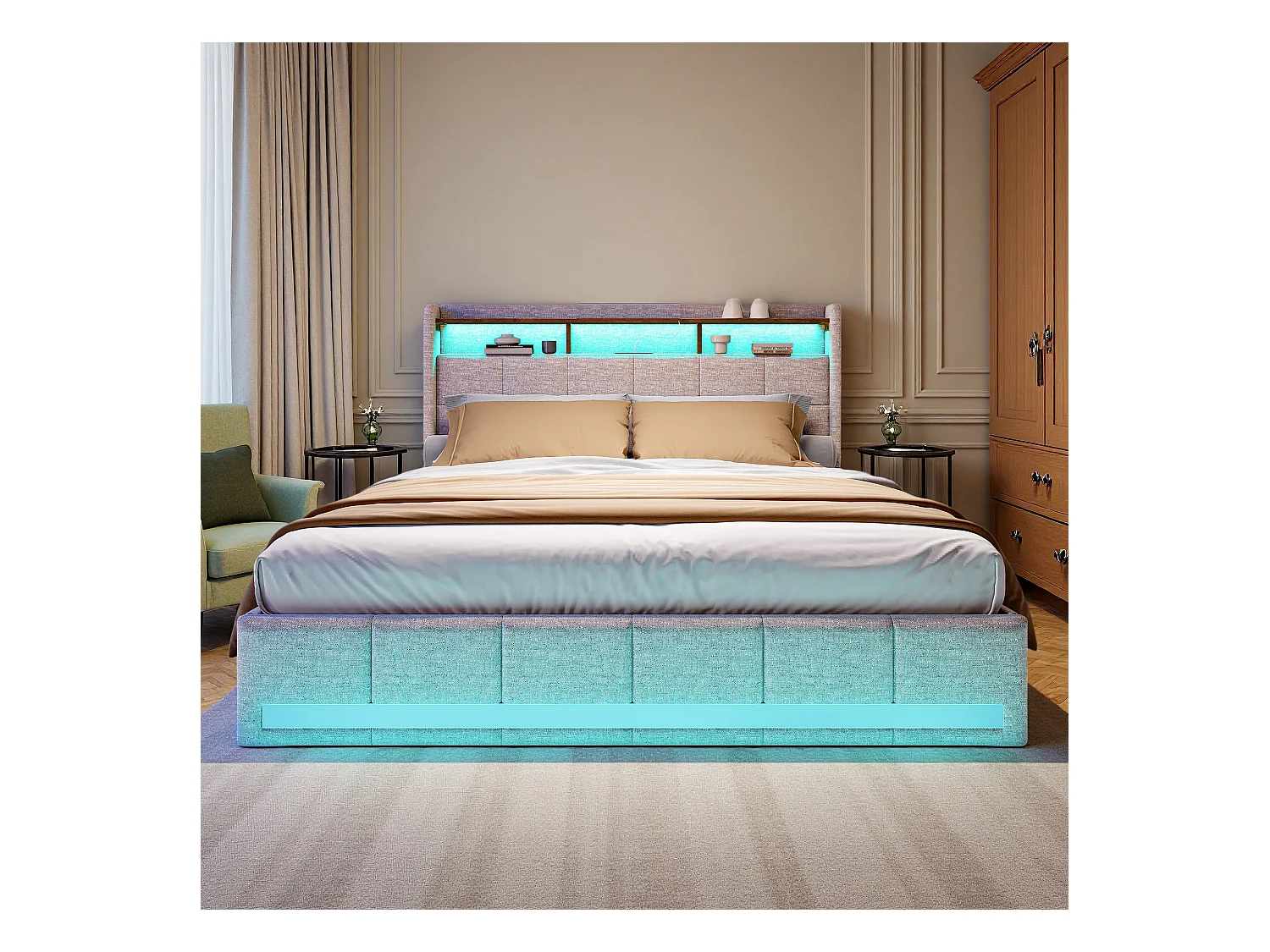Lit capitonné 140x190 cm - NEXU - lit 140x190 cm avec sommier à lattes - cadre de lit adulte 140x190 cm - 4 tiroir - LED ET USB - tissu en lin - beige