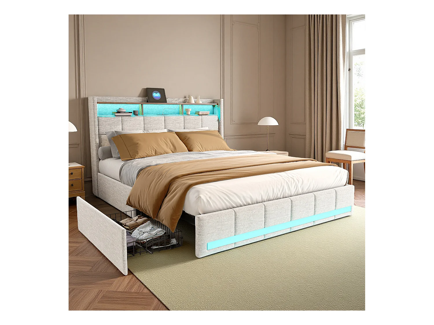 Lit capitonné 140x190 cm - NEXU - lit 140x190 cm avec sommier à lattes - cadre de lit adulte 140x190 cm - 4 tiroir - LED ET USB - tissu en lin - beige