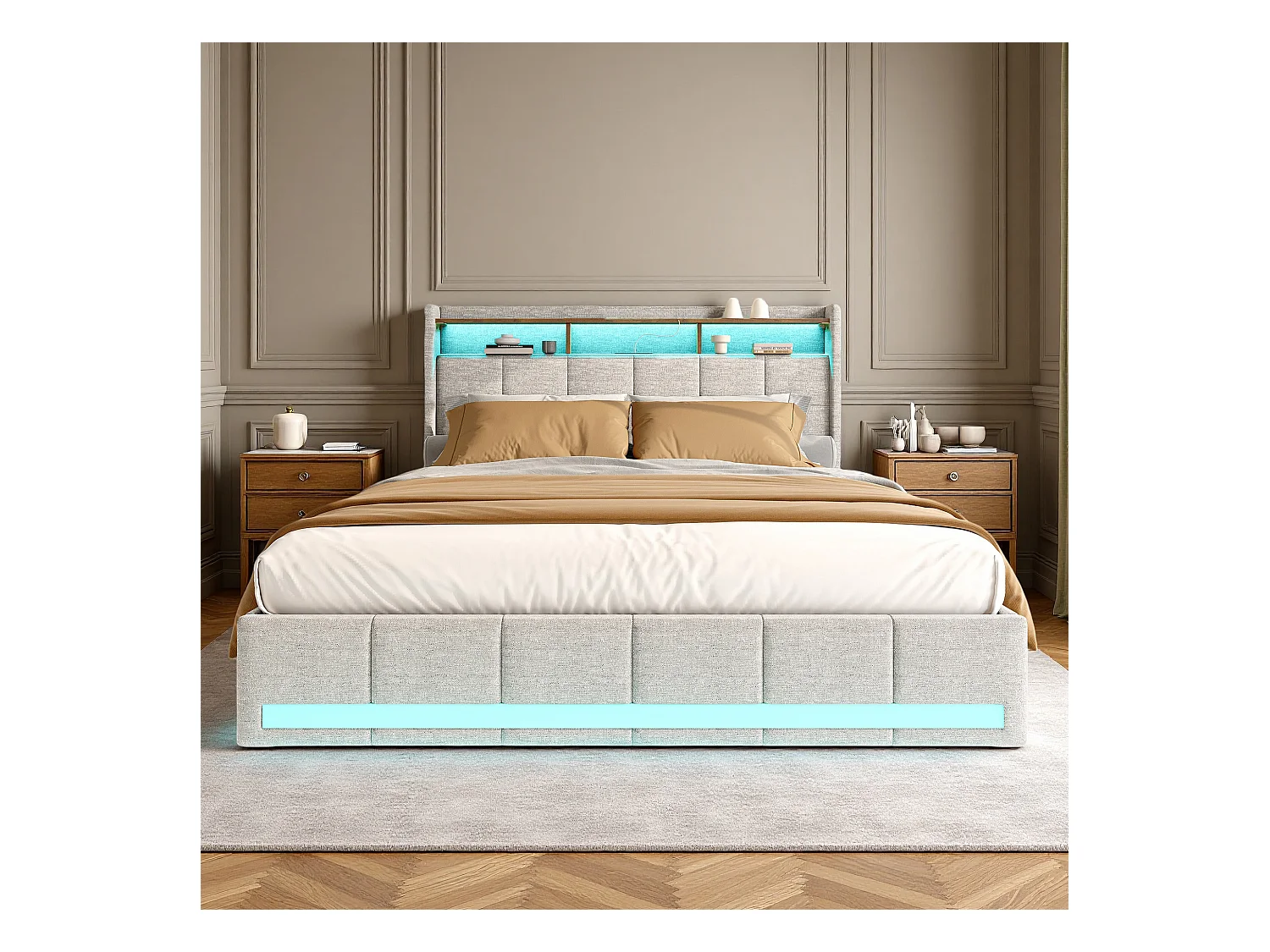Lit capitonné 140x190 cm - NEXU - lit 140x190 cm avec sommier à lattes - cadre de lit adulte 140x190 cm - 4 tiroir - LED ET USB - tissu en lin - beige