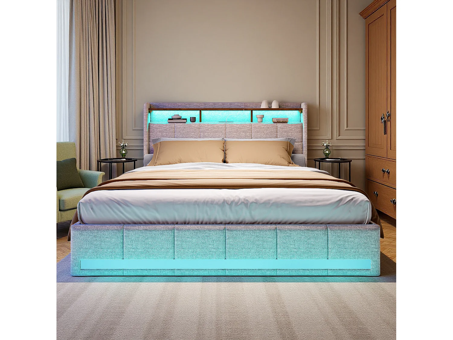 Lit adulte 140x190 cm - NEXU - lit 140x190 cm avec sommier à lattes - cadre de lit capitonné 140x190 cm - 4 tiroir - LED et USB - tissu en lin - beige