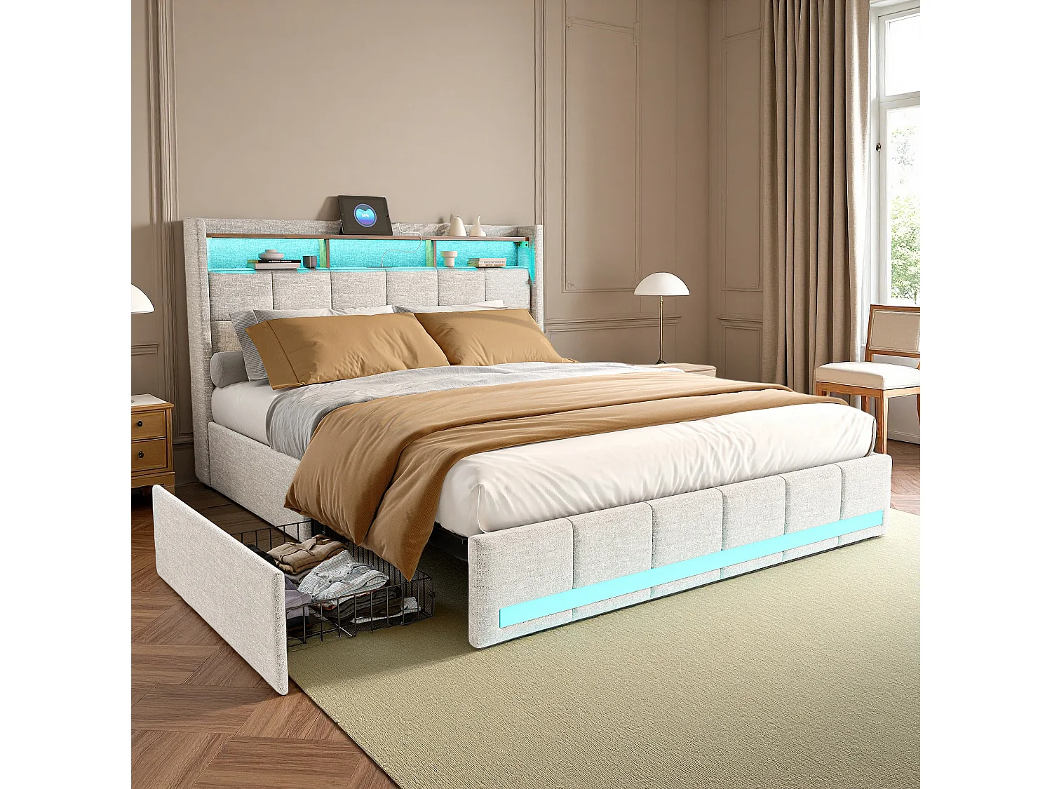 Lit adulte 140x190 cm - NEXU - lit 140x190 cm avec sommier à lattes - cadre de lit capitonné 140x190 cm - 4 tiroir - LED et USB - tissu en lin - beige
