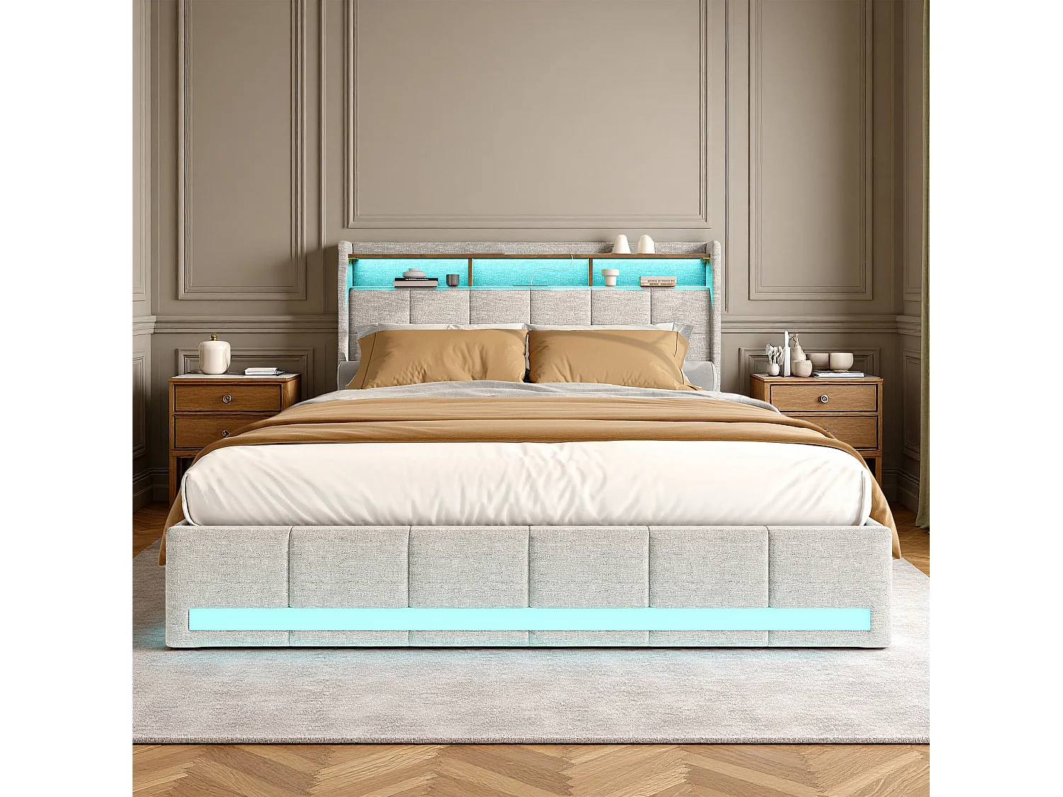 Lit double 140 x 190 cm - NEXU - Lit capitonné avec sommier à lattes, 4 tiroirs de rangement, LED et port USB - tissu effet lin beige