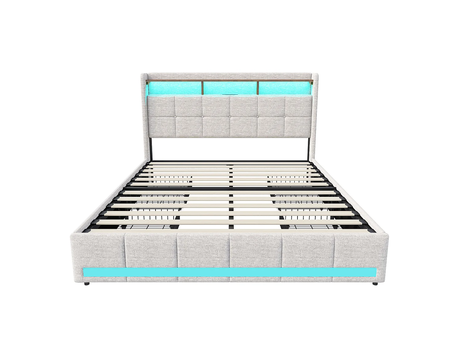 Lit double 140 x 190 cm - NEXU - Lit capitonné avec sommier à lattes, 4 tiroirs de rangement, LED et port USB - tissu effet lin beige