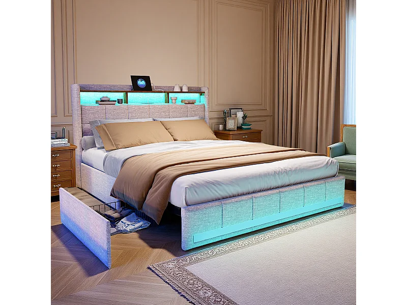 Lit capitonné 140x190 cm - NEXU - lit 140x190 cm avec sommier à lattes - cadre de lit adulte 140x190 cm - 4 tiroir - LED et USB - tissu en lin - beige