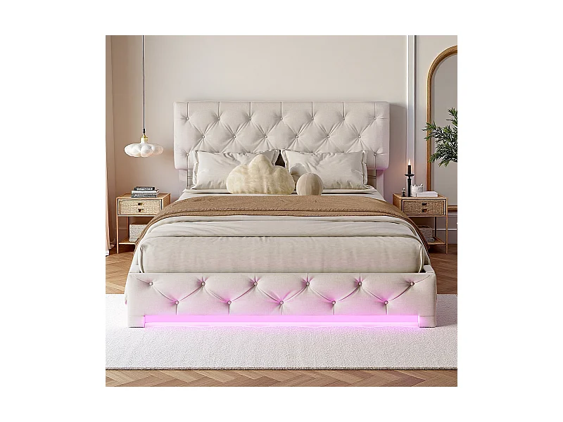 Lit 140x200 cm - NEXU - LED - tissu en lin - lit adutle 140x200 cm avec sommier à lattes - lit double 140x200 cm - cadre de lit coffre 140x200 cm - blanc cassé