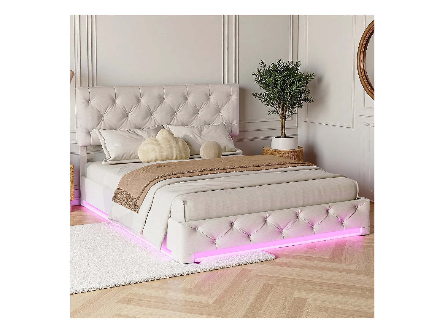 Lit 140x200 cm - NEXU - LED - tissu en lin - lit adutle 140x200 cm avec sommier à lattes - lit double 140x200 cm - cadre de lit coffre 140x200 cm - blanc cassé