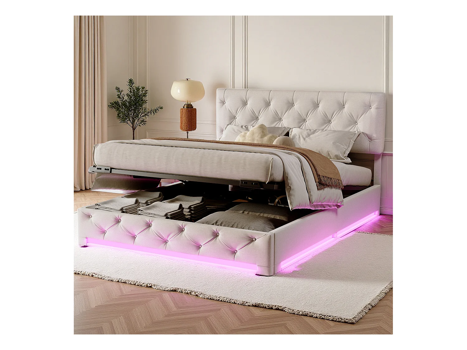Lit 140x200 cm - NEXU - LED - tissu en lin - lit adutle 140x200 cm avec sommier à lattes - lit double 140x200 cm - cadre de lit coffre 140x200 cm - blanc cassé