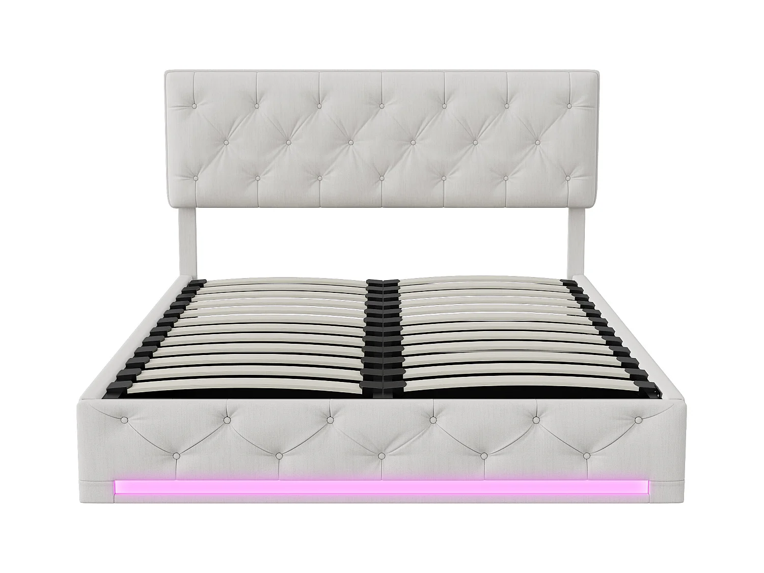 Lit 140x200 cm - NEXU - LED - tissu en lin - lit adutle 140x200 cm avec sommier à lattes - lit double 140x200 cm - cadre de lit coffre 140x200 cm - blanc cassé