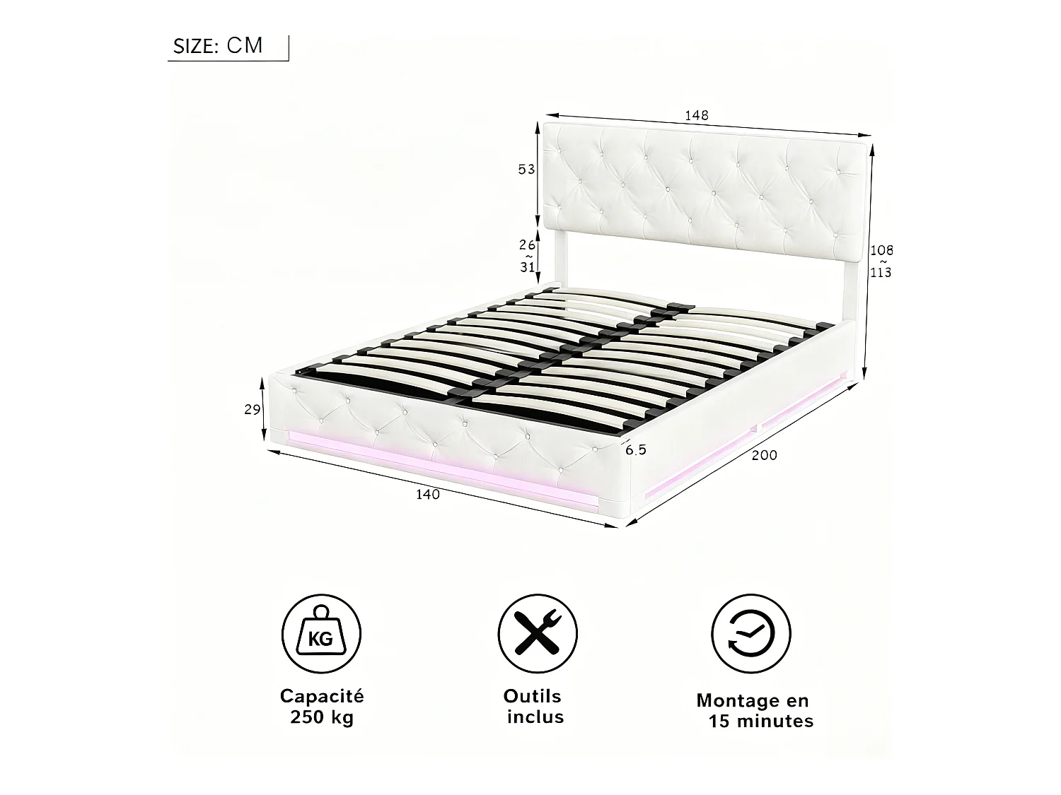 Lit 140x200 cm - NEXU - LED - tissu en lin - lit adutle 140x200 cm avec sommier à lattes - lit double 140x200 cm - cadre de lit coffre 140x200 cm - blanc cassé