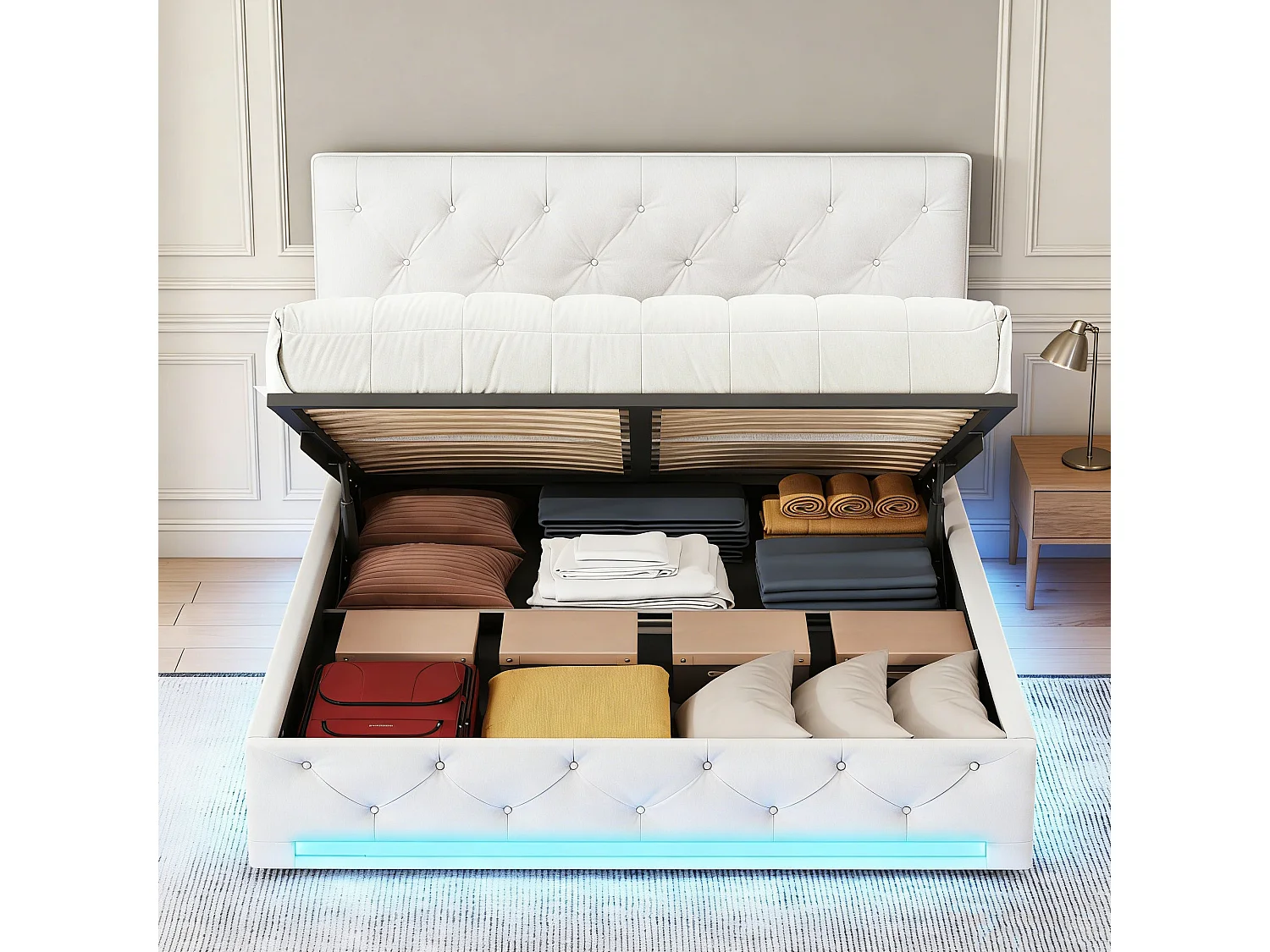 Lit coffre 140x200 cm en tissu lin blanc cassé - Lit adulte capitonné avec tête de lit réglable, sommier à lattes et éclairage LED intégré