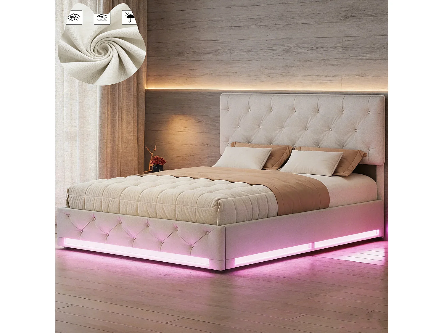 Lit coffre 140x200 cm en tissu lin blanc cassé - Lit adulte capitonné avec tête de lit réglable, sommier à lattes et éclairage LED intégré