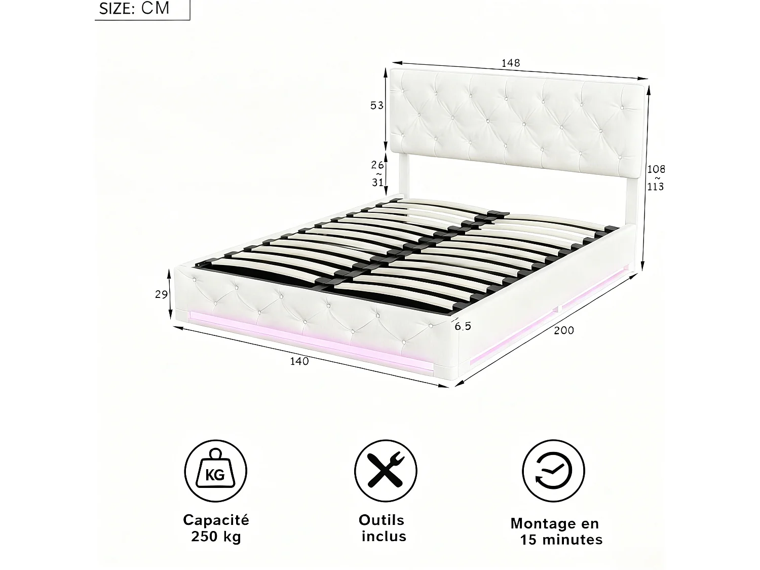 Lit coffre 140x200 cm en tissu lin blanc cassé - Lit adulte capitonné avec tête de lit réglable, sommier à lattes et éclairage LED intégré