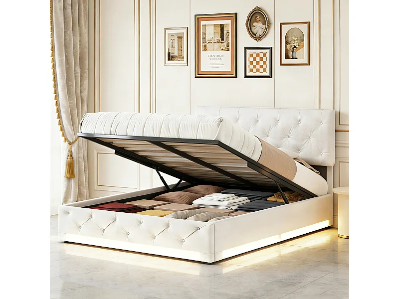 Lit coffre adulte 140x200 cm - sommier à lattes - LED - lit tissu en lin -  tête de lit réglable - Lit Capitonné et Boutons - blanc cassé