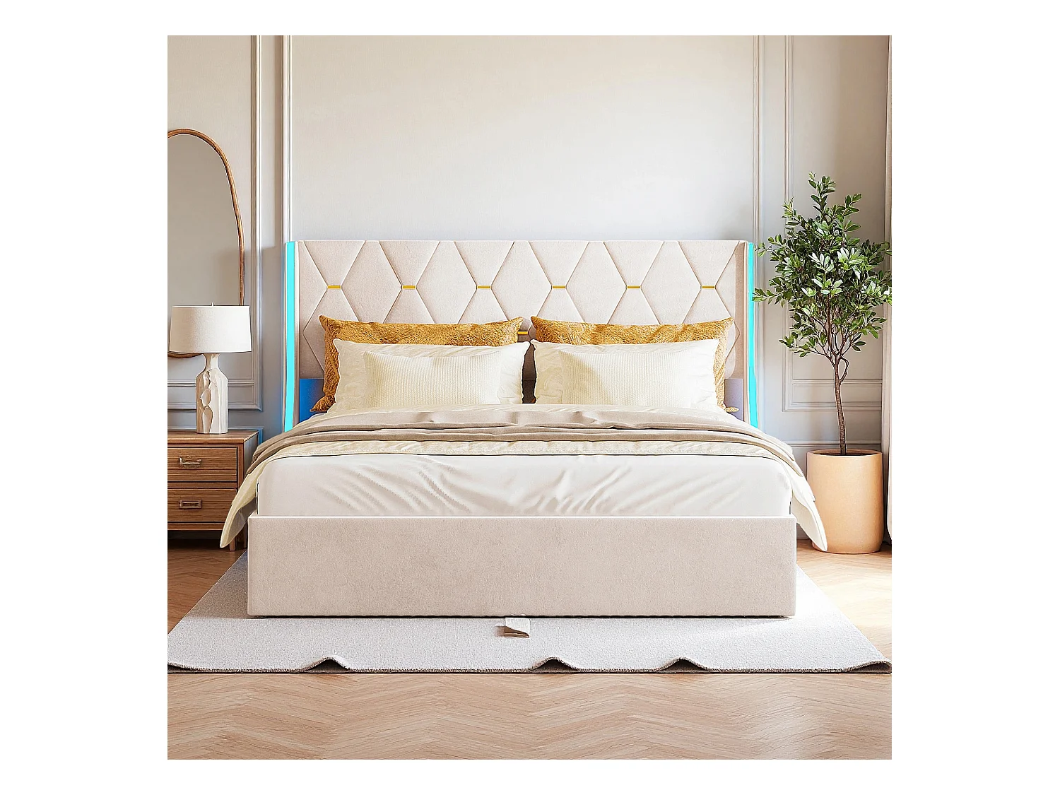 Lit coffre 140x200 avec sommier à lattes - lit double 140x200 avec LED - cadre de lit 140x200 cm - tissu en velours - beige