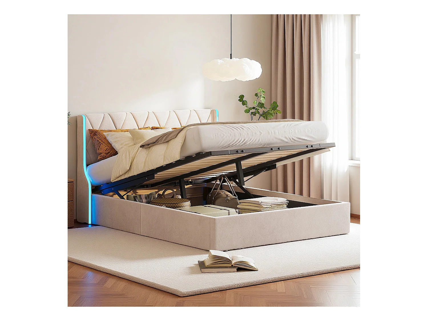 Lit coffre 160x200 avec sommier à lattes - lit double 160x200 avec LED - cadre de lit  adulte 160x200 cm - tissu en velours - beige