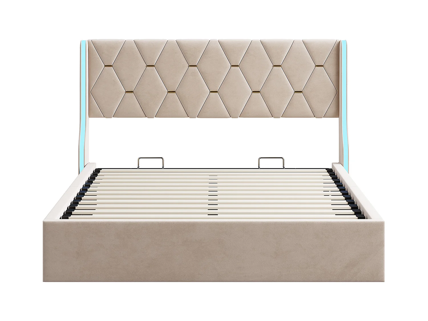 Lit coffre 160x200 avec sommier à lattes - lit double 160x200 avec LED - cadre de lit  adulte 160x200 cm - tissu en velours - beige
