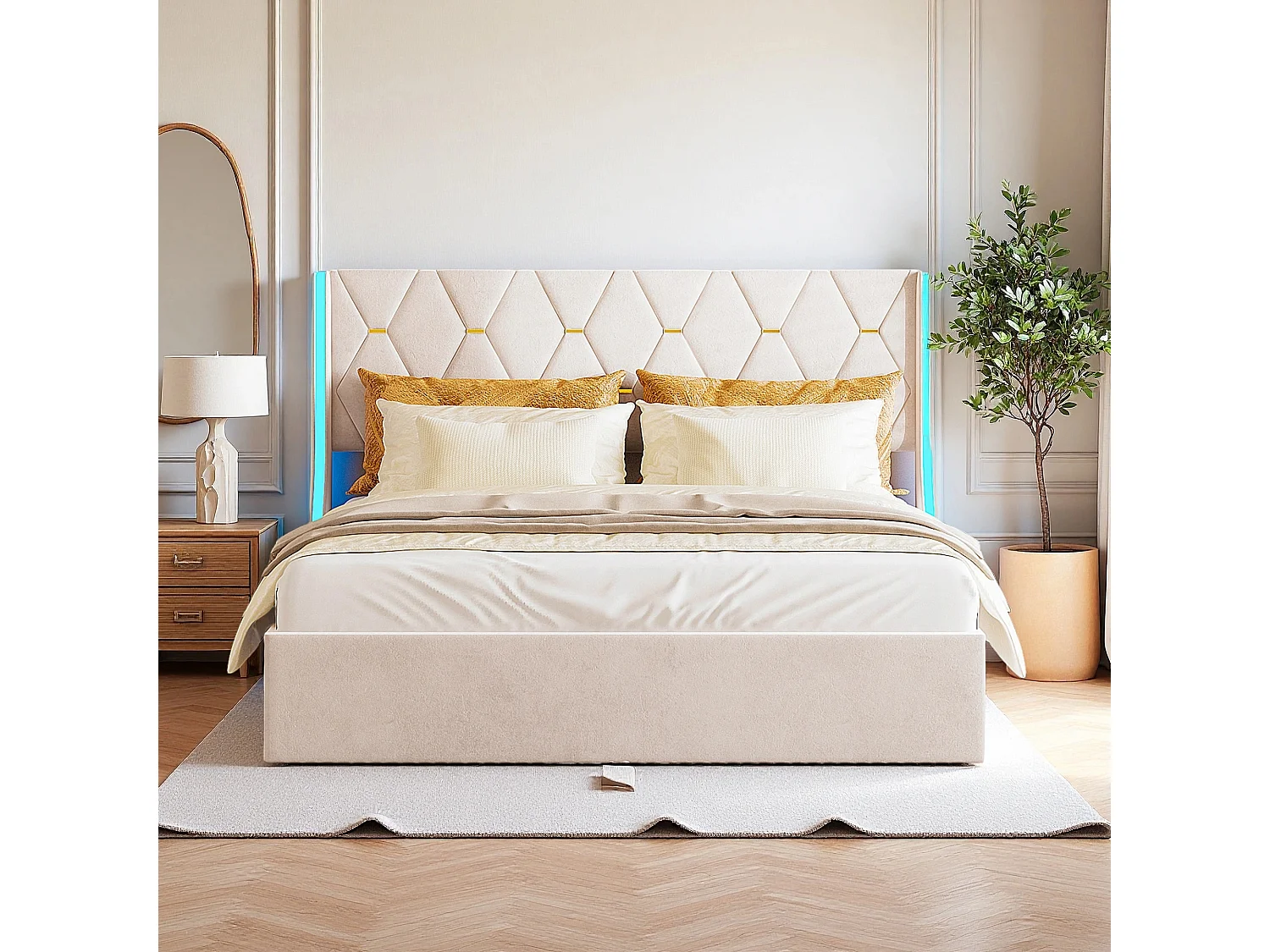 Lit coffre 160x200 avec sommier à lattes - lit double 160x200 avec LED - cadre de lit  adulte 160x200 cm - tissu en velours - beige