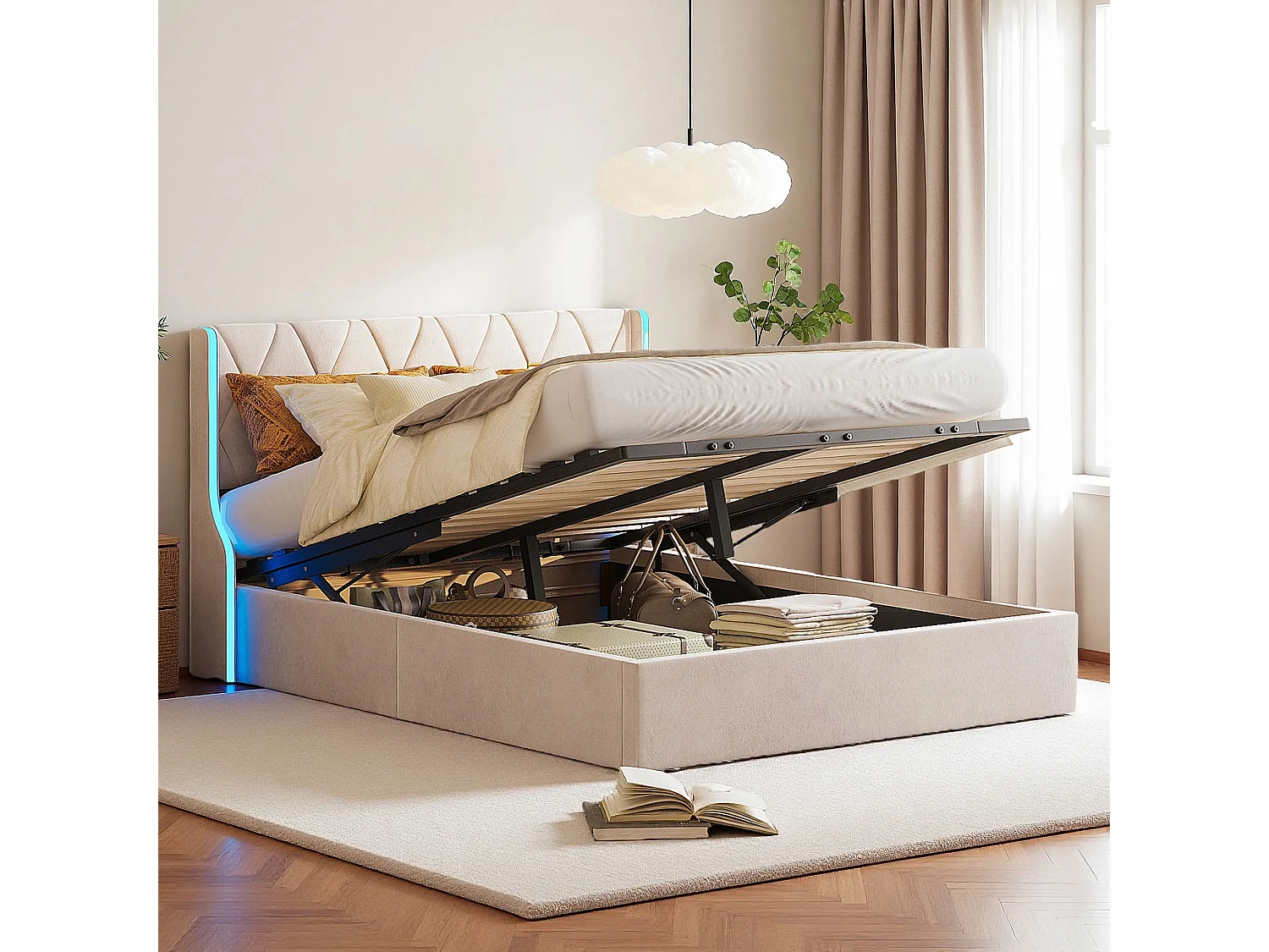 Lit coffre 160x200 avec sommier à lattes - lit double 160x200 avec LED - cadre de lit  adulte 160x200 cm - tissu en velours - beige