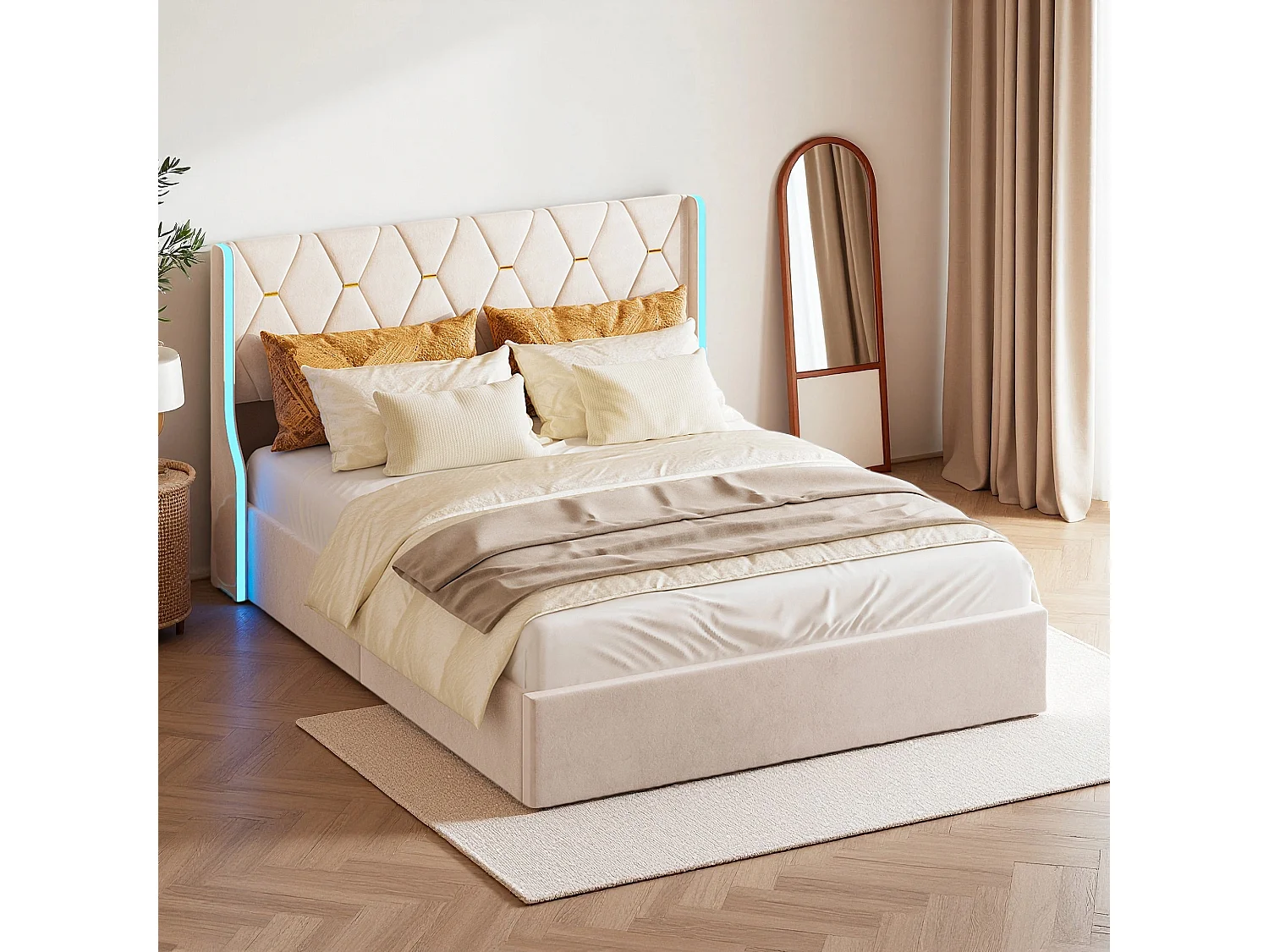 Lit coffre 160x200 avec sommier à lattes - lit double 160x200 avec LED - cadre de lit  adulte 160x200 cm - tissu en velours - beige