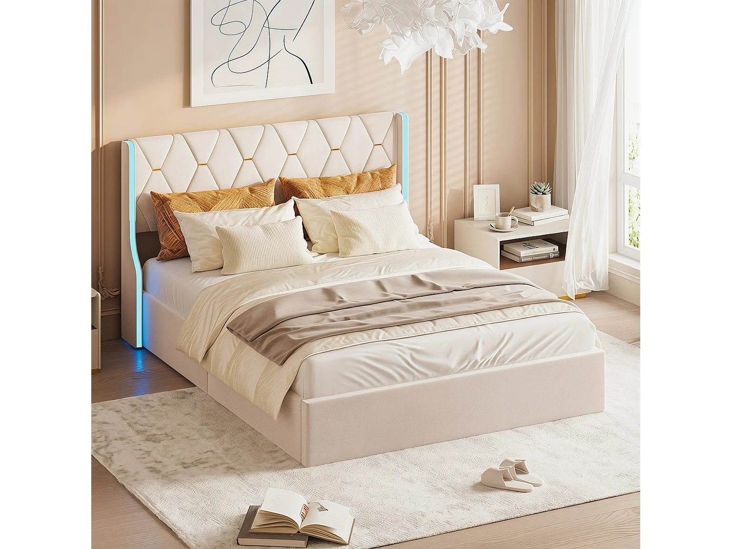Lit coffre 160x200 cm en velours beige - Lit double adulte avec sommier à lattes et éclairage LED intégré