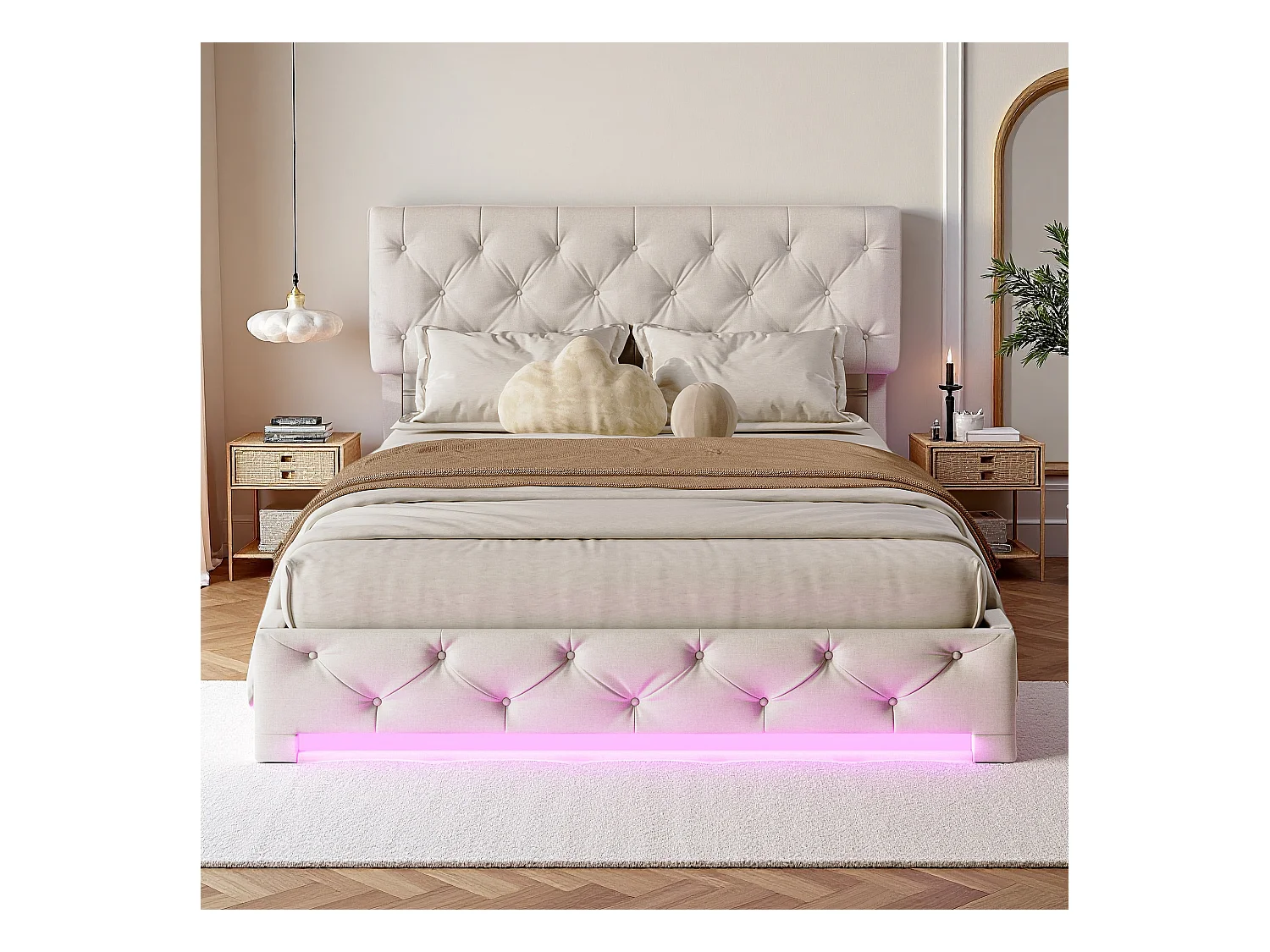 Lit 160x200 cm - NEXU - LED - tissu en lin - lit double 160x200 cm - cadre de lit coffre 160x200 cm - blanc cassé