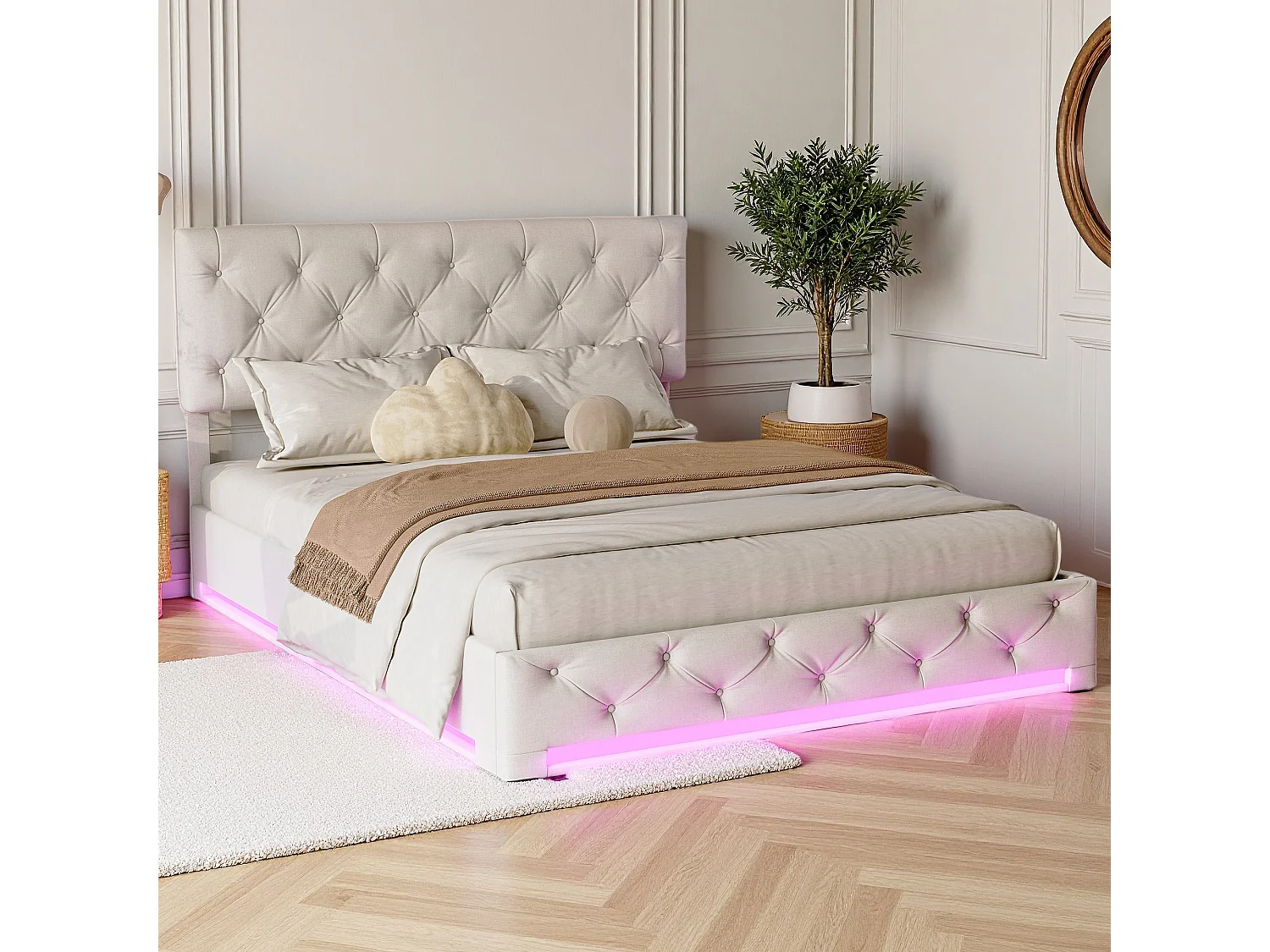 Lit 160x200 cm  avec sommier à lattes - NEXU - LED - lit double 160x200 cm - lit adulte 160x200 coffre rangement soldes - tissu en lin - blanc cassé