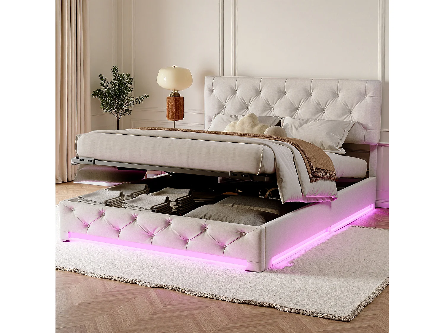 Lit coffre 160x200 cm avec sommier à lattes et LED - tête de lit réglable - lit Capitonné et Boutons - lit adulte 160x200 cm en tissu lin - blanc cassé