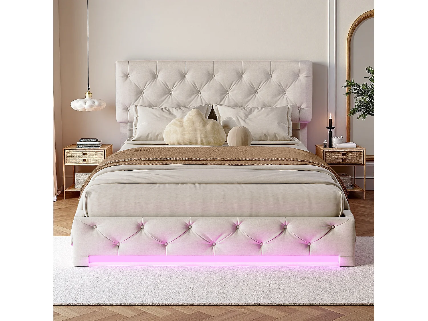 Lit coffre 160x200 cm avec sommier à lattes et LED - tête de lit réglable - lit Capitonné et Boutons - lit adulte 160x200 cm en tissu lin - blanc cassé