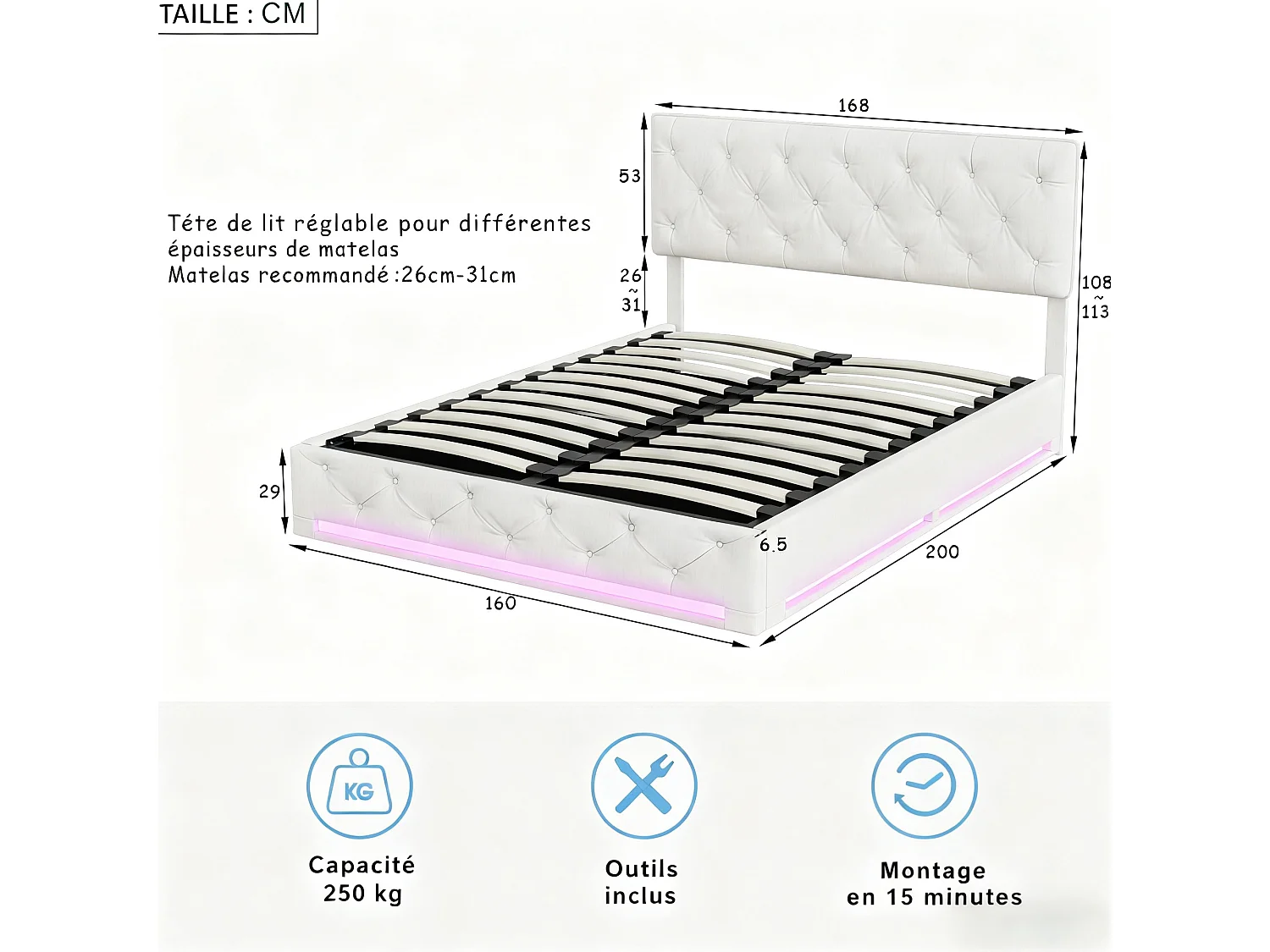 Lit coffre capitonné 160 x 200 cm avec sommier à lattes et LED – Tête de lit réglable avec capitonnage à boutons – Tissu lin blanc cassé