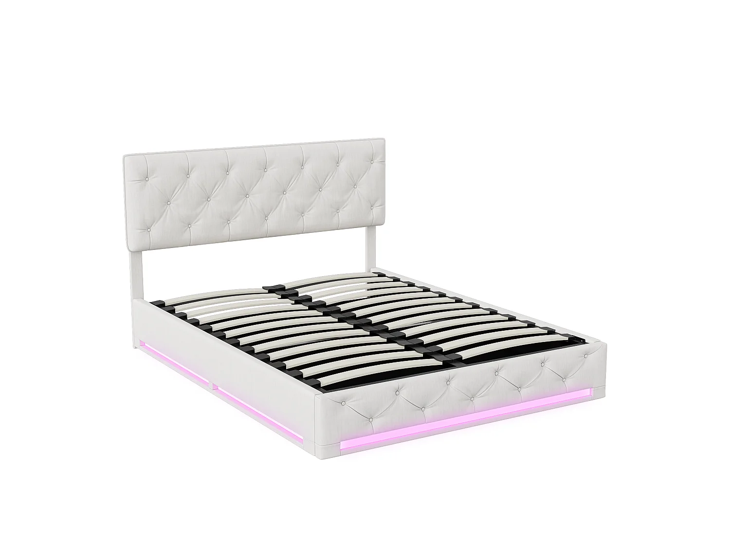 Lit coffre capitonné 160 x 200 cm avec sommier à lattes et LED – Tête de lit réglable avec capitonnage à boutons – Tissu lin blanc cassé