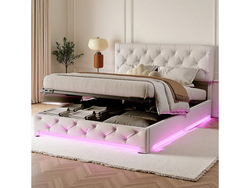 Lit coffre 160x200 cm avec sommier à lattes et LED - tête de lit réglable - lit Capitonné et Boutons - lit adulte 160x200 cm en tissu lin - blanc cassé