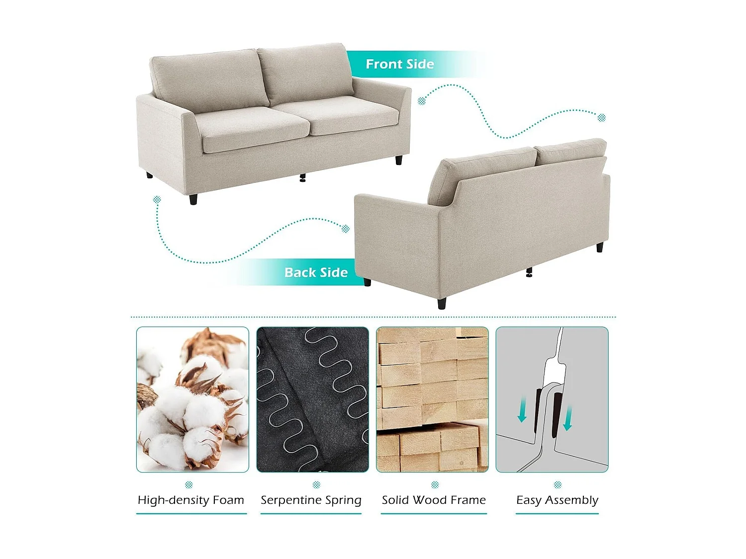 YODOLLA 2-Sitzer Sofa aus Leinen, mit abnehmbaren Bezügen. Modern und bequem für Wohnung oder Büro, Beige