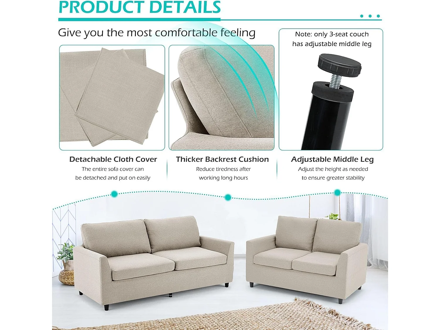 YODOLLA 2-Sitzer Sofa aus Leinen, mit abnehmbaren Bezügen. Modern und bequem für Wohnung oder Büro, Beige